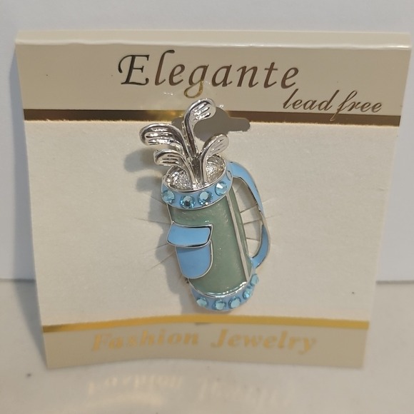 The Unbranded Brand Jewelry - Elegante Blue Golf Bag Pin Brooch Silver Tone Enamel Rhinestone Lead Free NEW